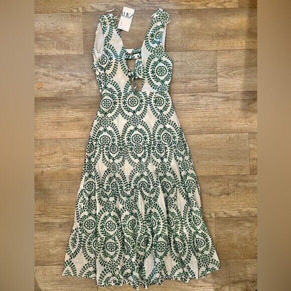 ZARA Blogger Fave Midi Dress Front Knot NWT Green White - Picture 16 of 16